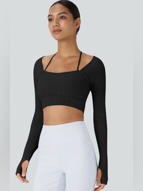 HALARA Women’s Ribbed Halter Strap Thumb Hole Cropped Yoga Sport Bra size Medium